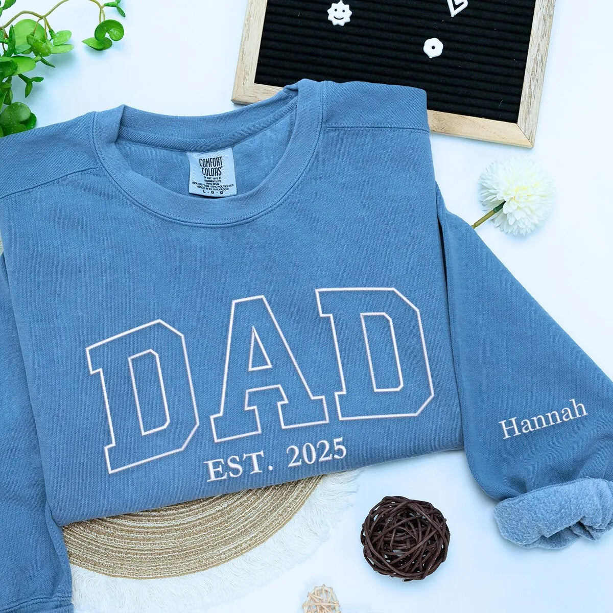 Comfort Colors Custom Dada EST T-Shirt or Sweatshirt, Personalized Embroidered Gift for Dada Dad Father's Day