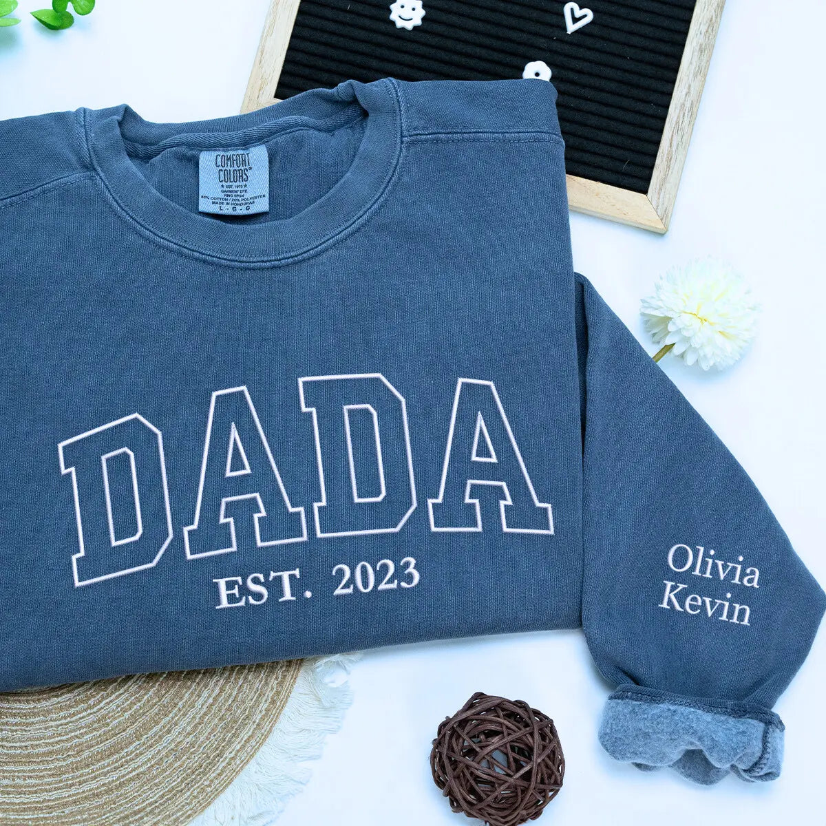 Comfort Colors Custom Dada EST T-Shirt or Sweatshirt, Personalized Embroidered Gift for Dada Dad Father's Day