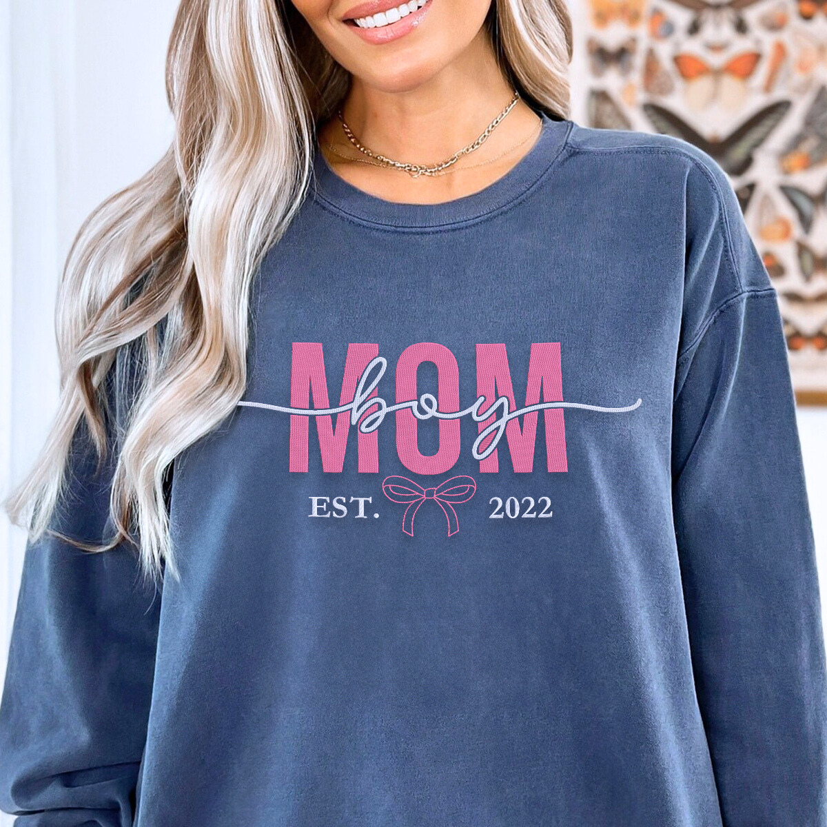 Boy Mom Sweatshirt or Hoodie with Embroidered Names on Sleeve, Custom Gift for Boy Mom