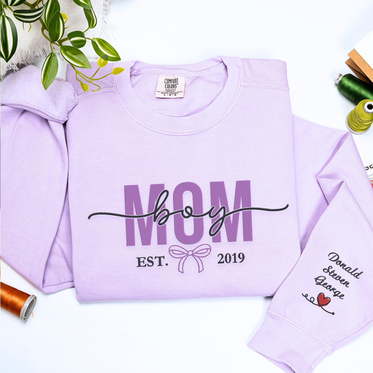 Boy Mom Sweatshirt or Hoodie with Embroidered Names on Sleeve, Custom Gift for Boy Mom