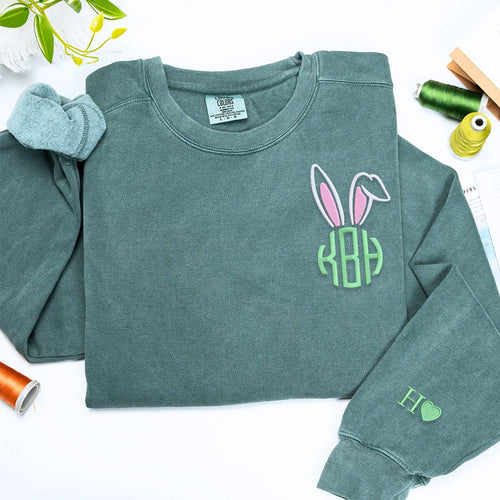 Comfort Color Monogrammed Bunny Ears T-Shirt or Sweatshirt, Custom Embroidered Easter Gift
