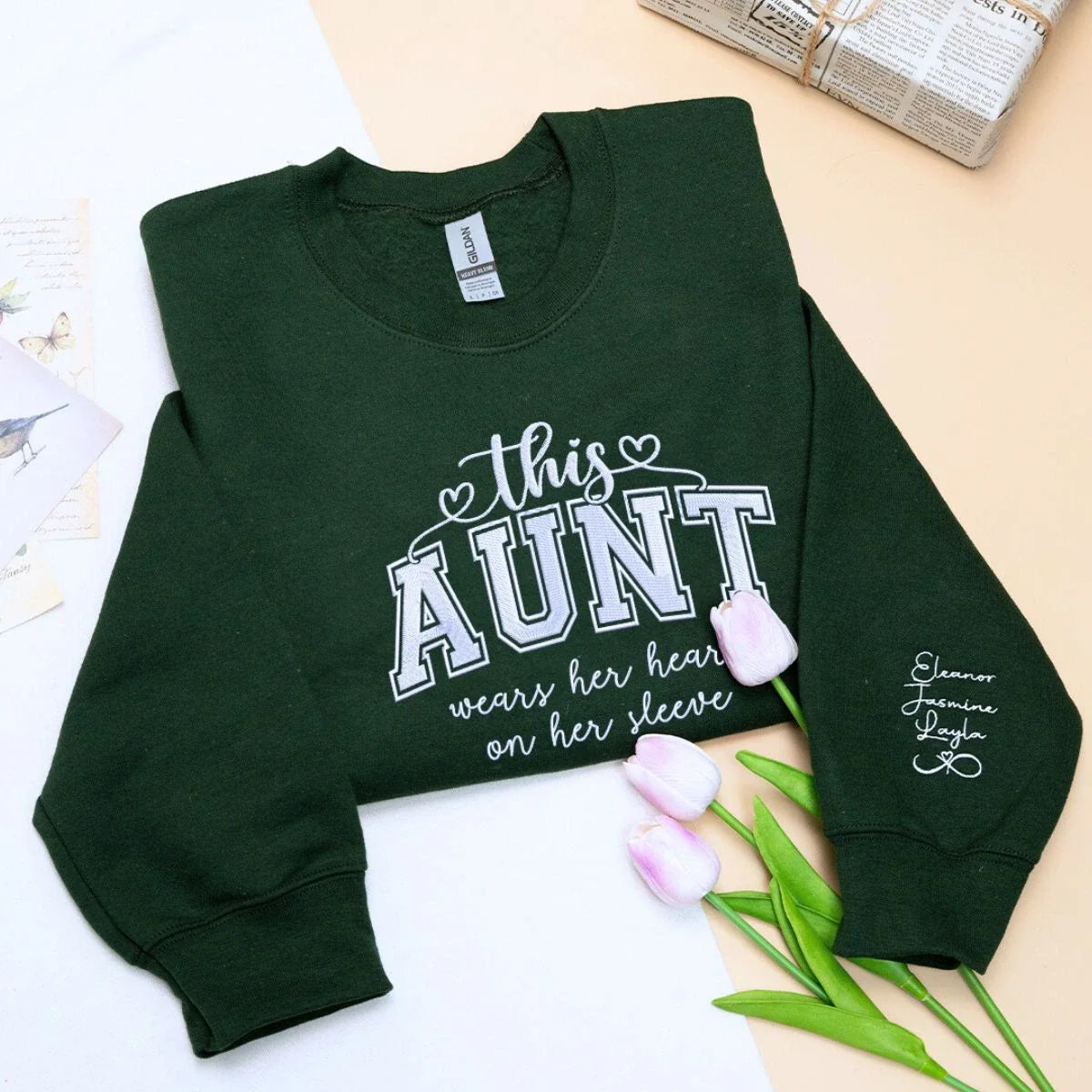 This Aunt Wears Her Heart on Her Sleeve Sweatshirt or Hoodie, Custom Embroidered Gift for Auntie