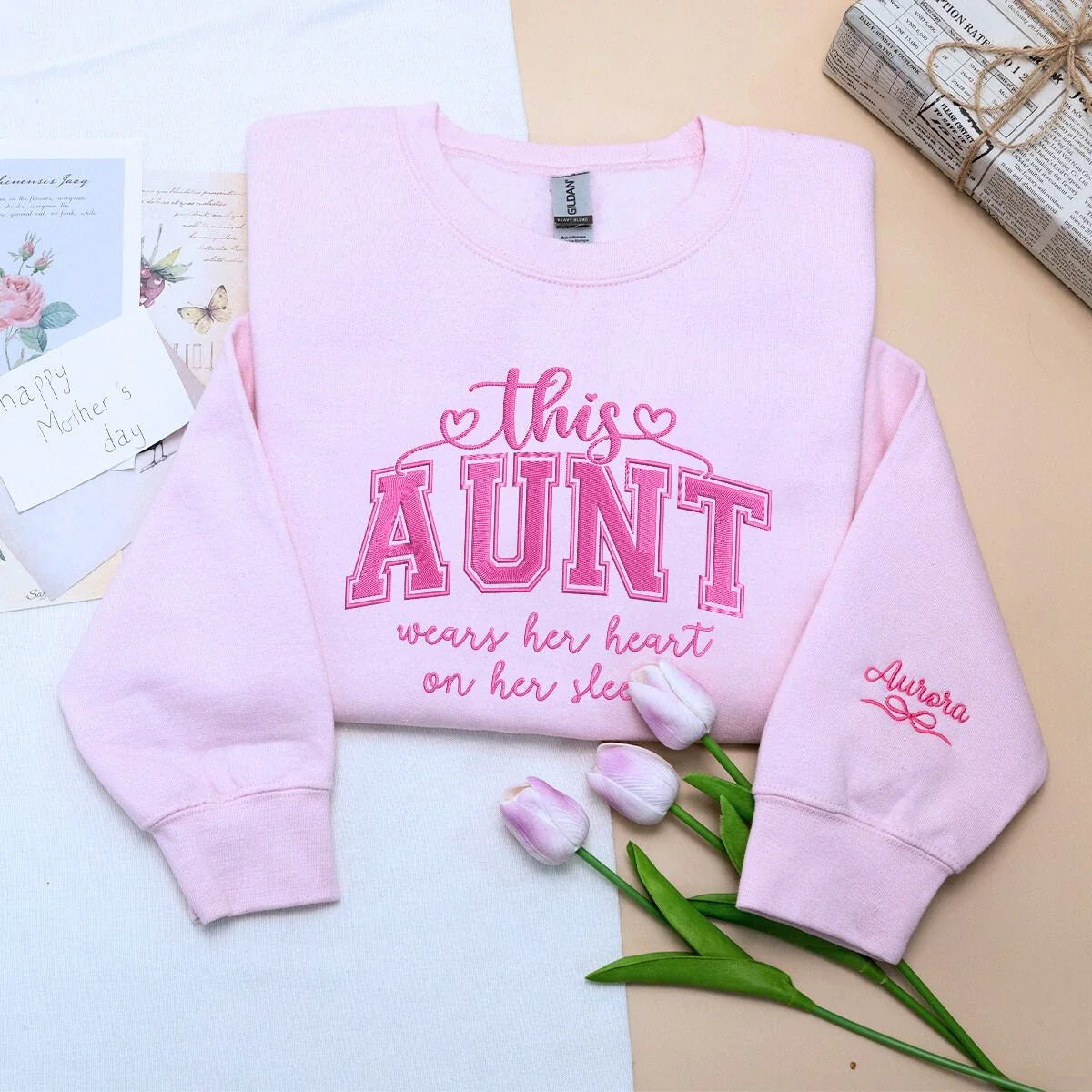 This Aunt Wears Her Heart on Her Sleeve Sweatshirt or Hoodie, Custom Embroidered Gift for Auntie