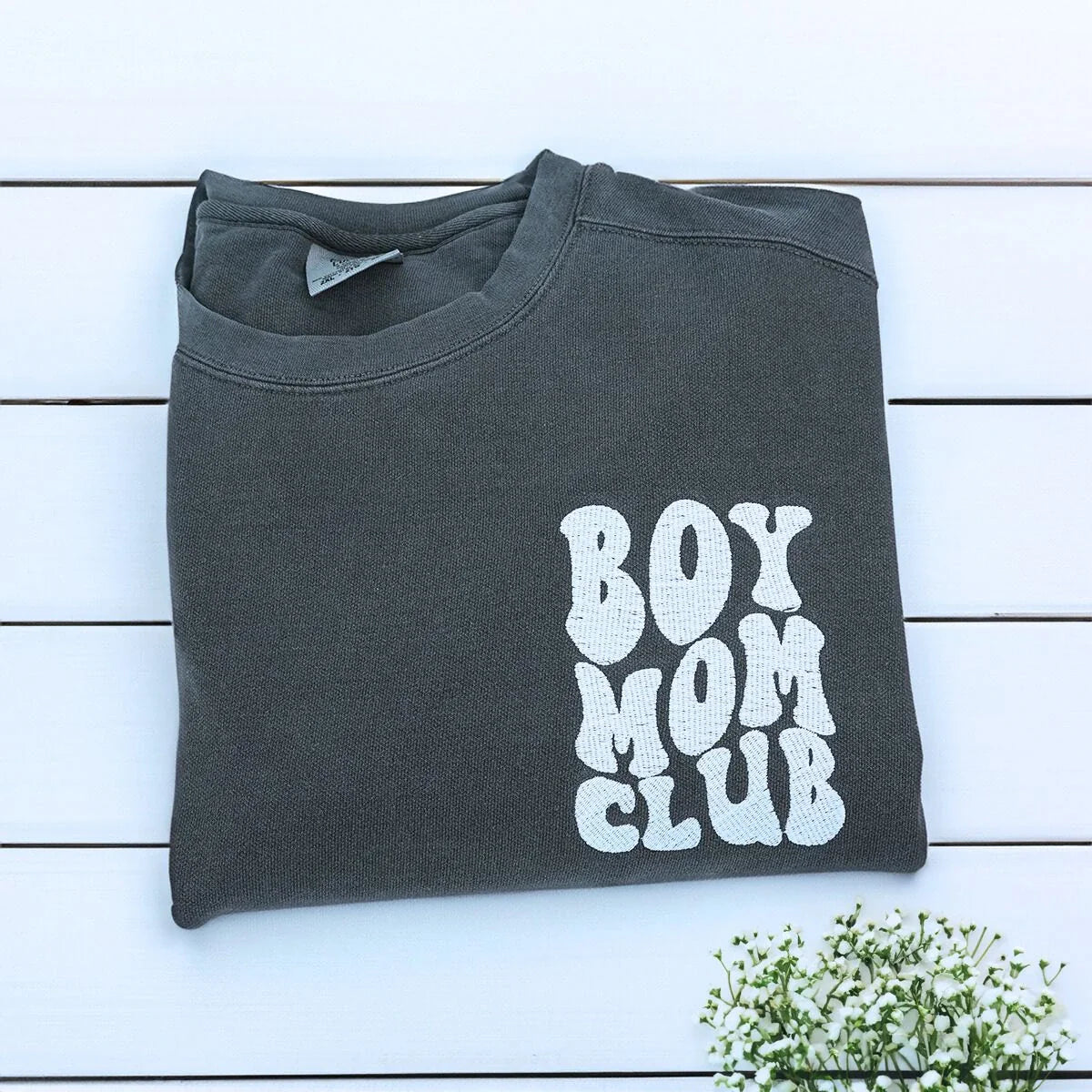 Boy Mom Club Sweatshirt or T-Shirt with Embroidered Kids Names on Sleeve