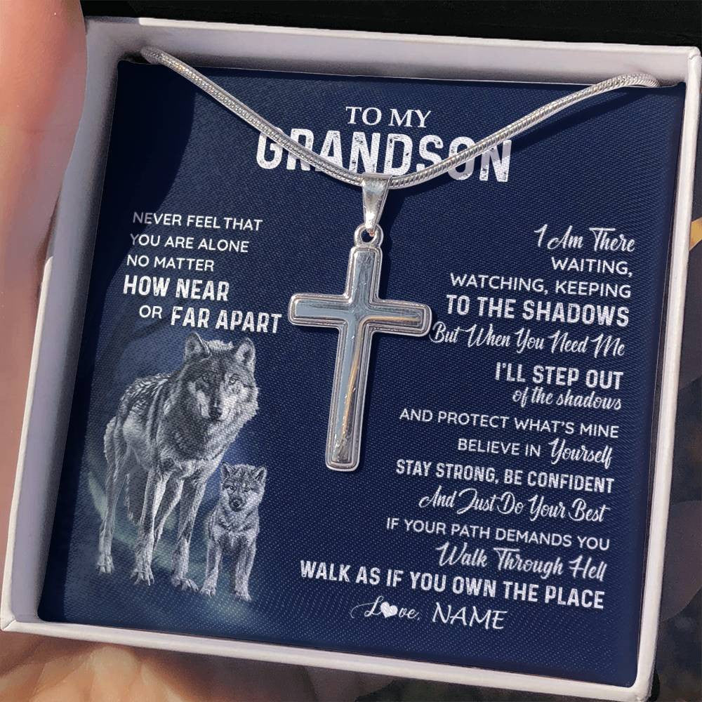 Personalized To My Grandson Necklace From Grandma Papa Never Feel You Are Alone Wolf Grandson Birthday Graduation Christmas Customized Gift Box Message Card