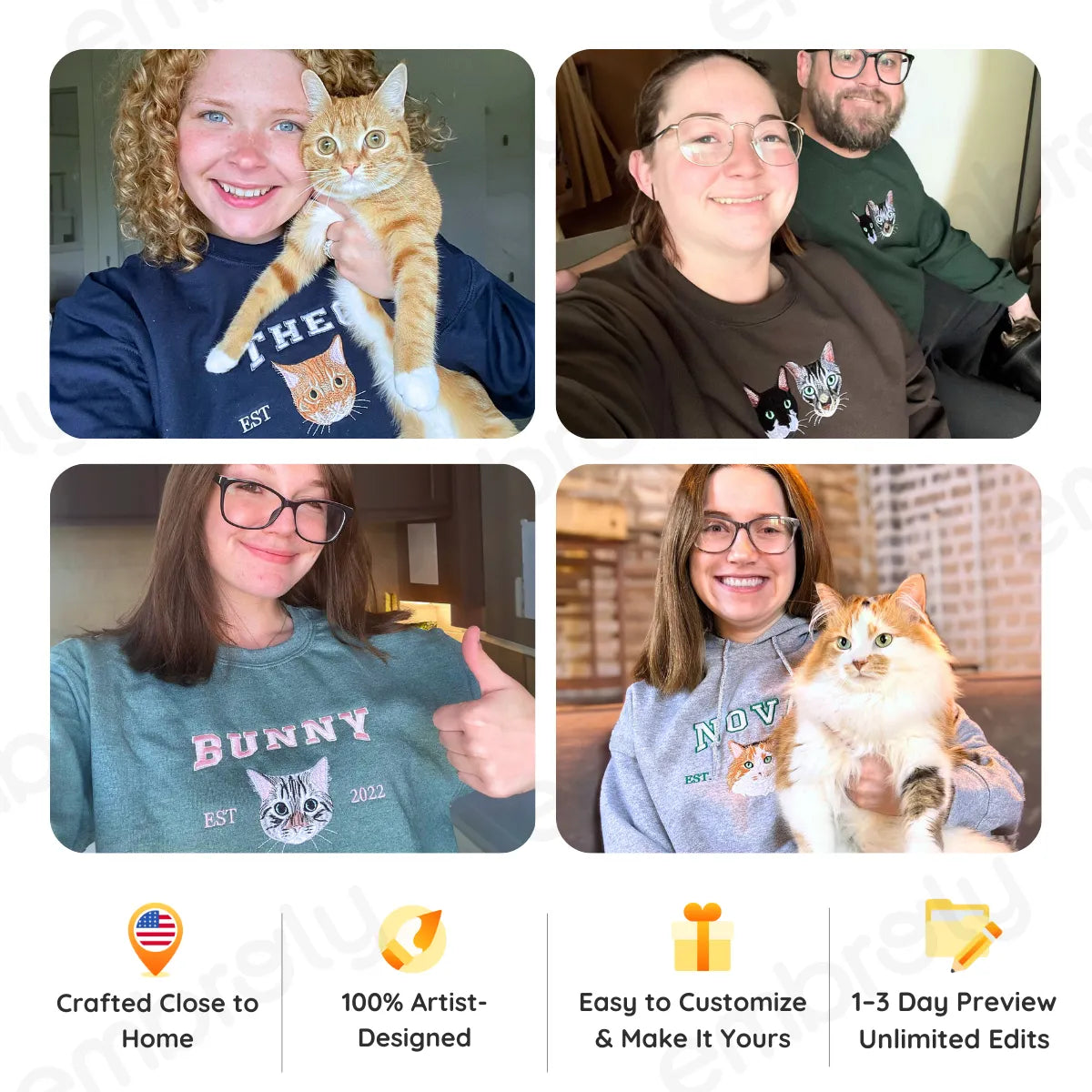 Custom Cat Face Sweatshirt or Hoodie from Photo, Embroidered Gifts for Cat Lovers