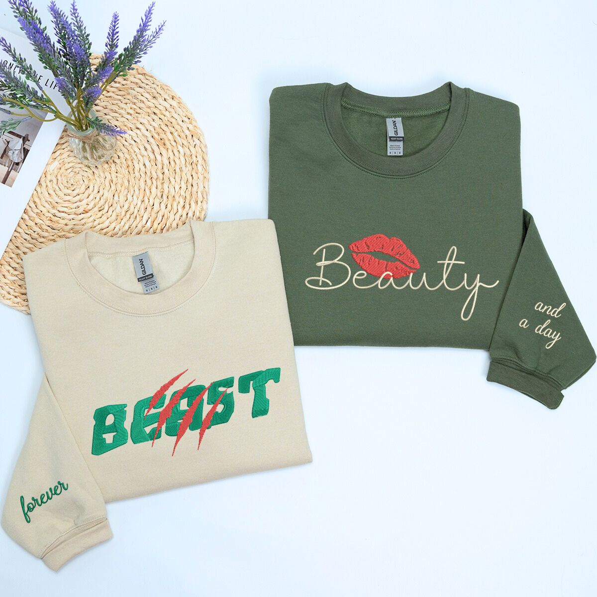 Beauty and Beast Sweatshirt or Hoodie, Custom Embroidered Gift for Couples Valentine Day