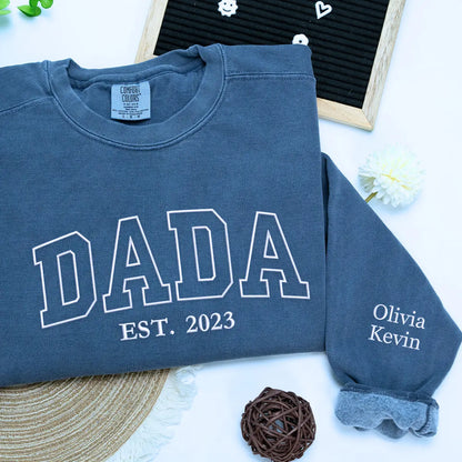 Comfort Colors Custom Dada EST T-Shirt or Sweatshirt, Personalized Embroidered Gift for Dada Dad Father's Day