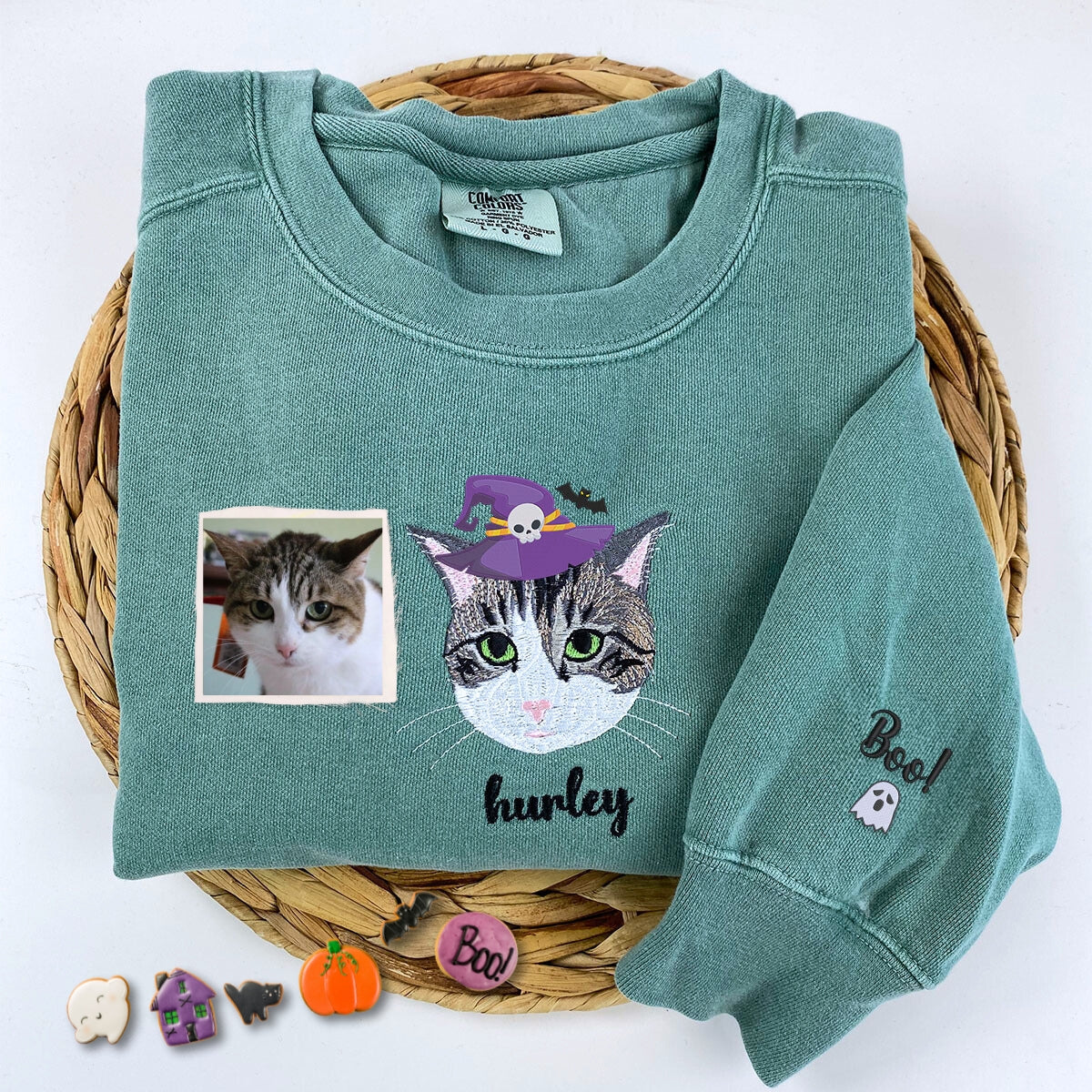 Comfort Colors® Custom Embroidered Cat Portrait from Photo with Halloween Witch Hat T-Shirt or Sweatshirt