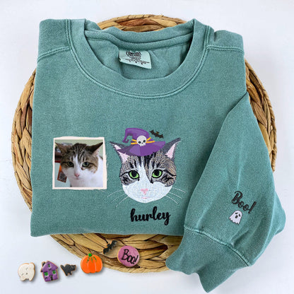 Comfort Colors® Custom Embroidered Cat Portrait from Photo with Halloween Witch Hat T-Shirt or Sweatshirt