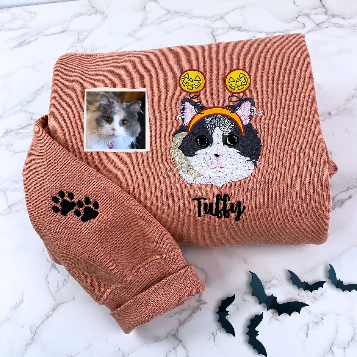 Comfort Colors® Custom Embroidered Cat Portrait from Photo with Halloween Witch Hat T-Shirt or Sweatshirt