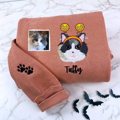 Comfort Colors® Custom Embroidered Cat Portrait from Photo with Halloween Witch Hat T-Shirt or Sweatshirt