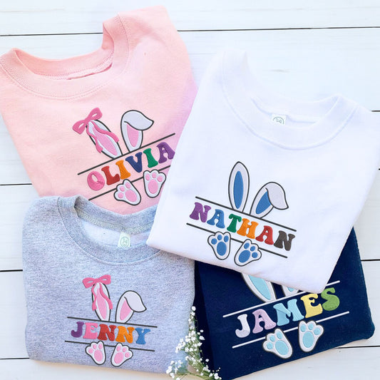 Toddler Bunny Ears Sweatshirt or Hoodie with Name on Chest, Custom Embroidered Easter Gift for Kids