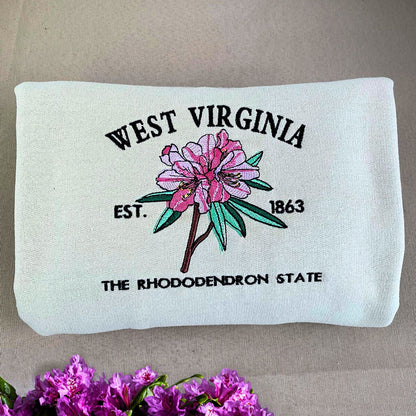 West Virginia State Sweatshirt or Hoodie, Embroidered Gift - Est. 1863 Rhododendron Flower