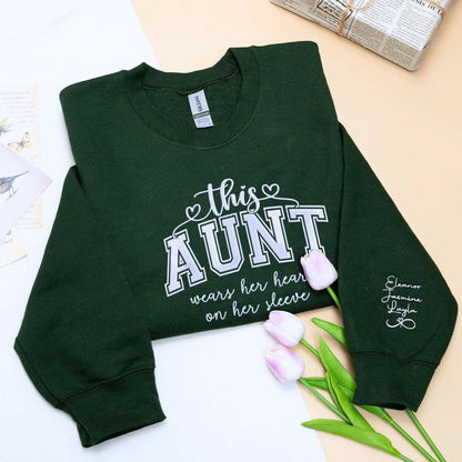 This Aunt Wears Her Heart on Her Sleeve Sweatshirt or Hoodie, Custom Embroidered Gift for Auntie