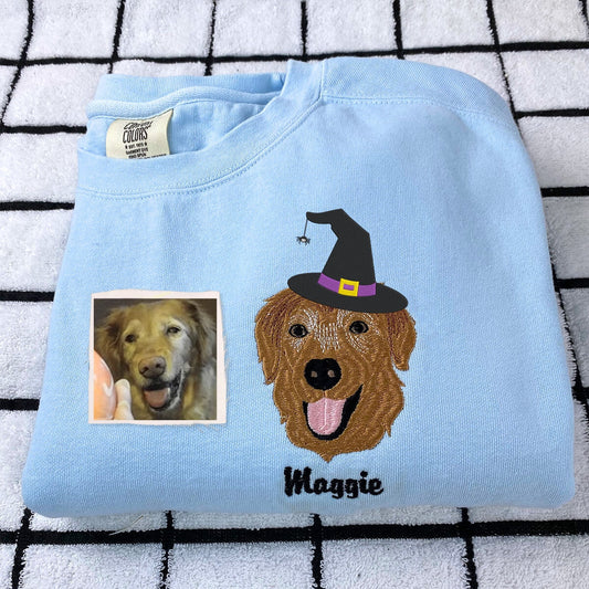 Comfort Colors® Custom Embroidered Dog Portrait with Halloween Witch Hat Portrait T-Shirt or Sweatshirt
