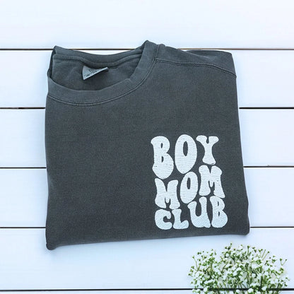 Boy Mom Club Sweatshirt or T-Shirt with Embroidered Kids Names on Sleeve