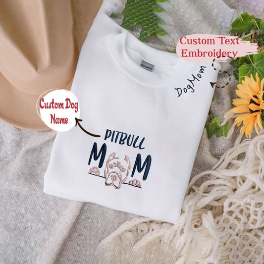 Personalized Pitbull Mom Shirt with Embroidered Collar Dog Name, Best Gift for Pitbull Lover