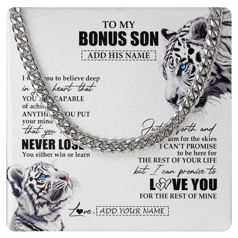 Personalized To My Bonus Son Necklace From Stepmother Stepdad You Will Never Lose White Tiger Stepson Birthday Gifts Christmas Custom Gift Box Message Card