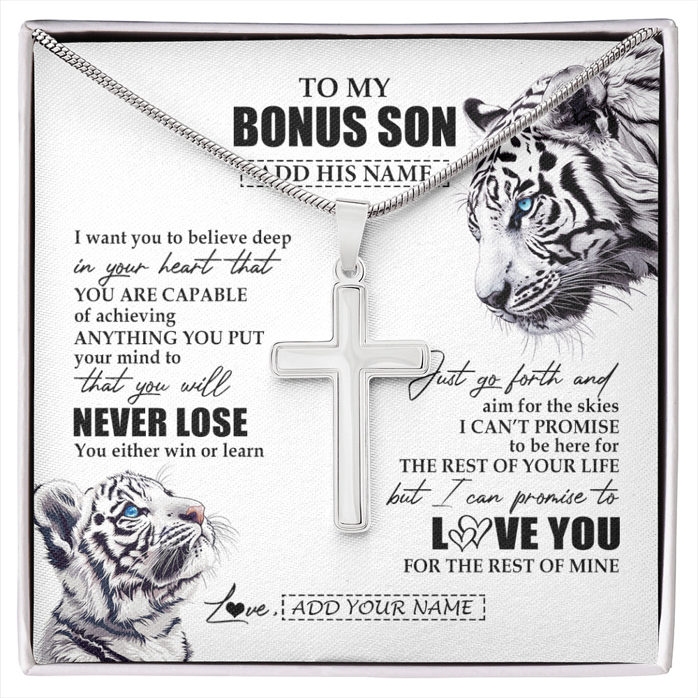 Personalized To My Bonus Son Necklace From Stepmother Stepdad You Will Never Lose White Tiger Stepson Birthday Gifts Christmas Custom Gift Box Message Card