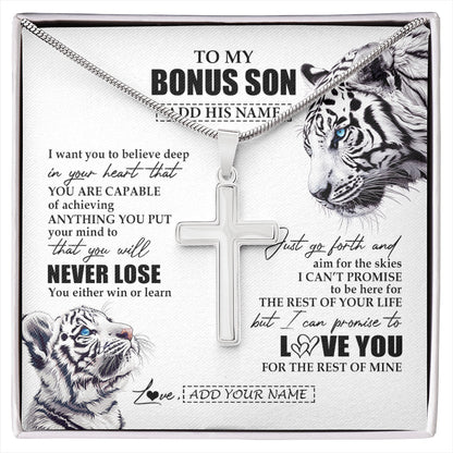 Personalized To My Bonus Son Necklace From Stepmother Stepdad You Will Never Lose White Tiger Stepson Birthday Gifts Christmas Custom Gift Box Message Card