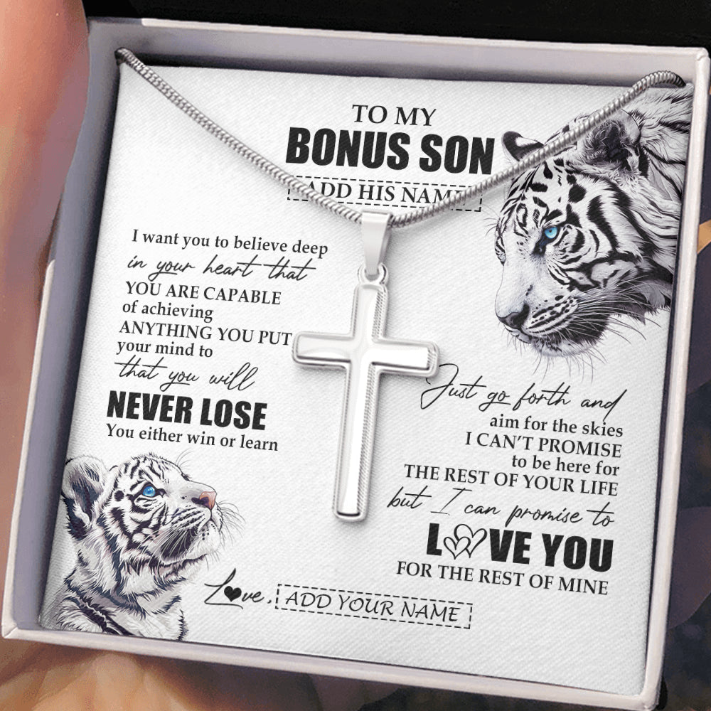 Personalized To My Bonus Son Necklace From Stepmother Stepdad You Will Never Lose White Tiger Stepson Birthday Gifts Christmas Custom Gift Box Message Card