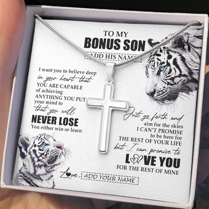 Personalized To My Bonus Son Necklace From Stepmother Stepdad You Will Never Lose White Tiger Stepson Birthday Gifts Christmas Custom Gift Box Message Card