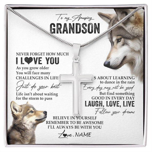 Personalized To My Grandson Necklace From Grandma Papa Just Do You Best Laugh Love Live Wolf Grandson Birthday Christmas Customized Gift Box Message Card