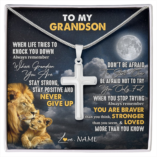 Personalized To My Grandson Necklace From Grandpa Papa Lion Never Give Up Grandson Birthday Christmas Jewelry Customized Gift Box Message Card