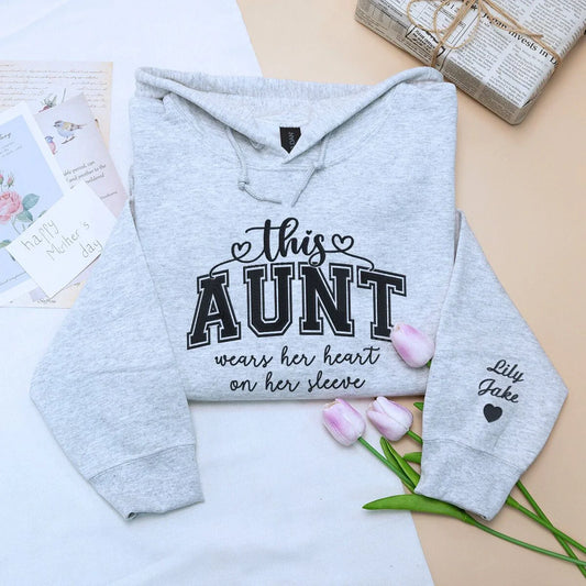 This Aunt Wears Her Heart on Her Sleeve Sweatshirt or Hoodie, Custom Embroidered Gift for Auntie