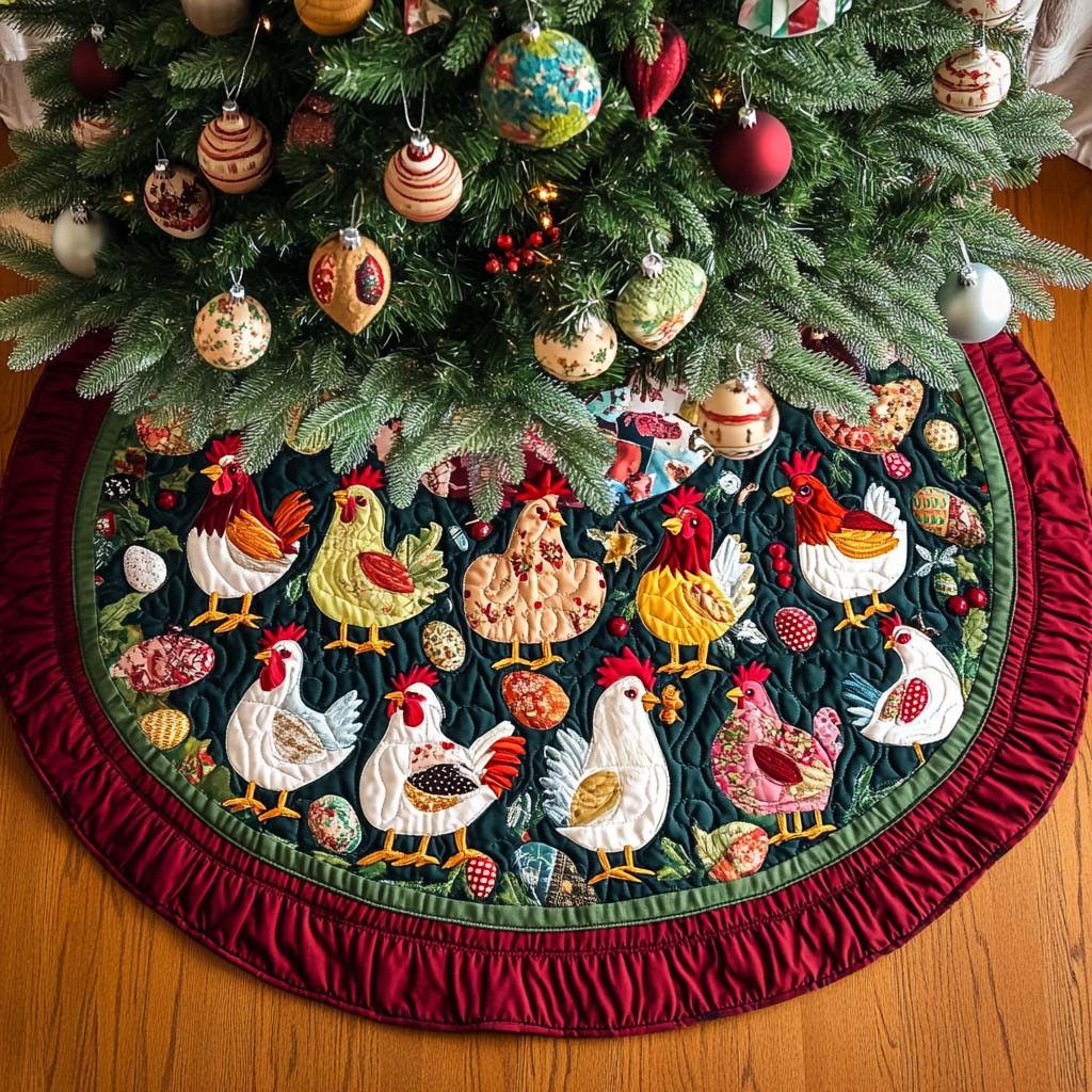 Yuletide Chickens Parade Christmas Quilted Tree Skirt NCU0NT1945