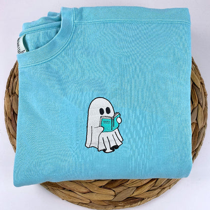 Comfort Color® Embroidered Halloween Ghost Book Lover T-Shirt or Sweatshirt