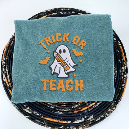 Comfort Color® Embroidered Trick or Teach Halloween T-Shirt or Sweatshirt