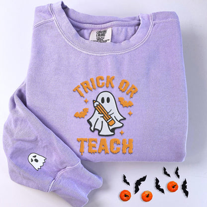 Comfort Color® Embroidered Trick or Teach Halloween T-Shirt or Sweatshirt